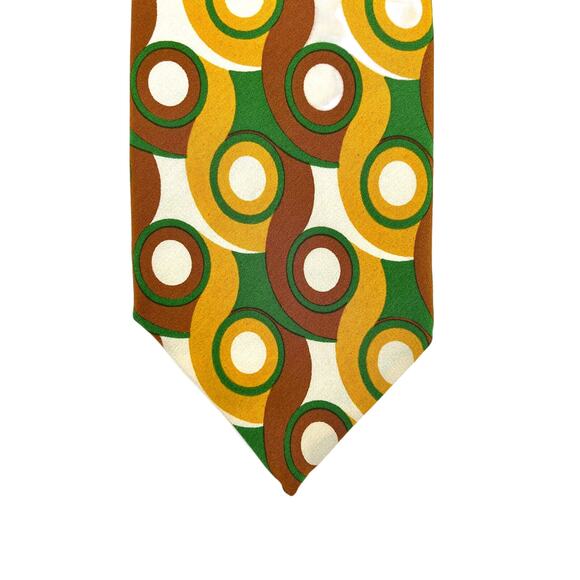 Christian Dior Vintage 60s Silk Tie Geometric Mod Circles Gold Brown Green - Picture 1 of 7